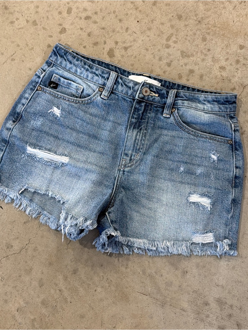Distressed High-Rise Denim Shorts - Light Blue